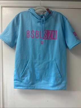 Men's Light Blue Short-Sleeve Hoodie with Pink Logo